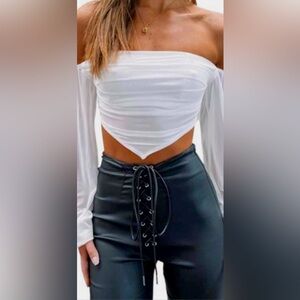 Avanova Women's Long Sleeve Asymmetrical Hem Off Shoulder Slim Fit Crop Top